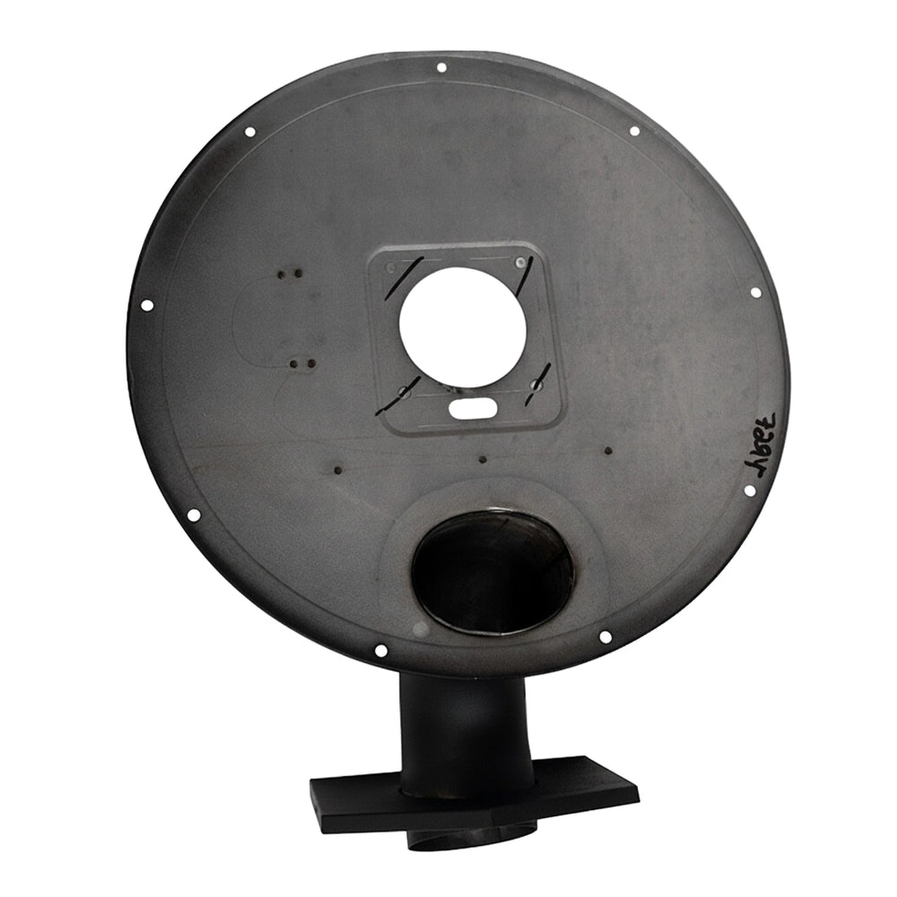 Round gray metal combustion chamber cover with black exhaust elbow, Pentair assembly 474958, bolt holes around rim