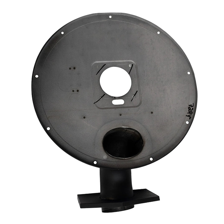 Round gray metal combustion chamber cover with black exhaust elbow, Pentair assembly 474958, bolt holes around rim