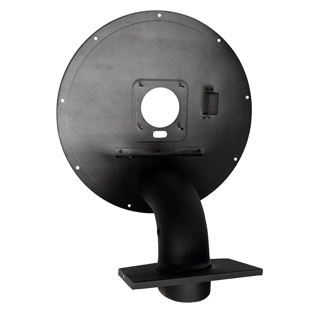 Black round combustion chamber cover with curved exhaust elbow, Pentair 474958 assembly for MasterTemp heaters