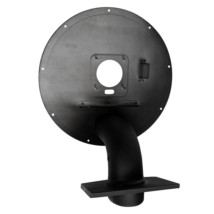 Black round combustion chamber cover with curved exhaust elbow, Pentair 474958 assembly for MasterTemp heaters
