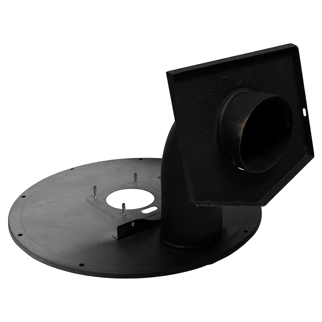 Pentair 474958 black metal elbow and combustion chamber cover assembly with round mounting plate and exhaust pipe.