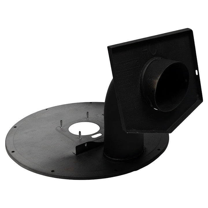 Pentair 474958 black metal elbow and combustion chamber cover assembly with round mounting plate and exhaust pipe.
