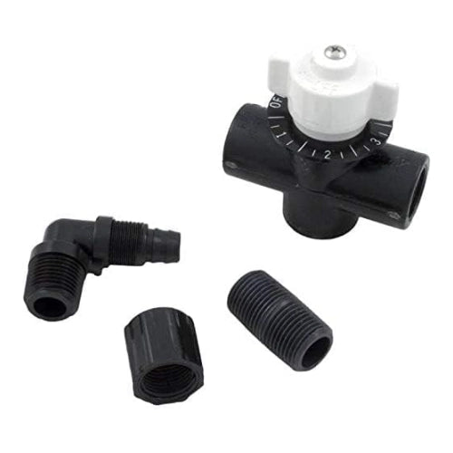 Pentair R172002 drain kit: black 3-way valve with white dial handle, elbow fitting, nipple, and coupling.