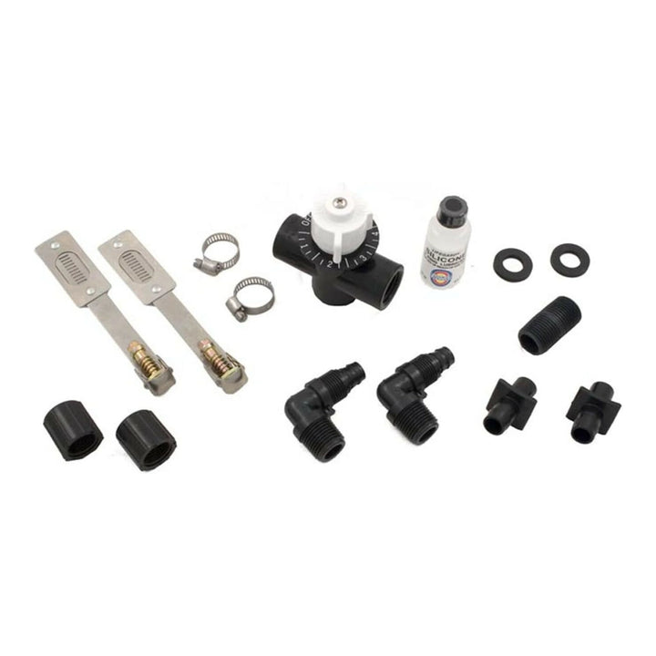 Pentair R172002 drain kit parts: metal clamps, black elbow fittings, dial valve, silicone bottle, rubber washers