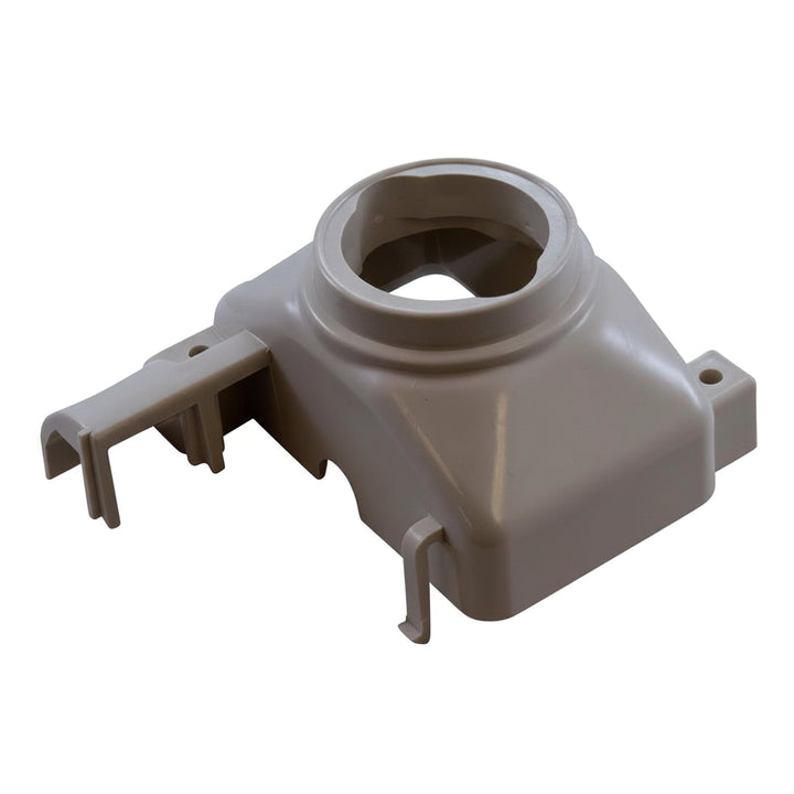beige plastic oscillator chamber cap with circular opening and mounting hooks on each side isolated on white background