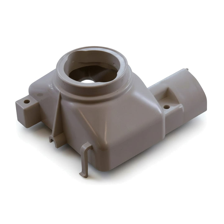 light gray plastic oscillator chamber cap with circular opening and mounting features for pool cleaner