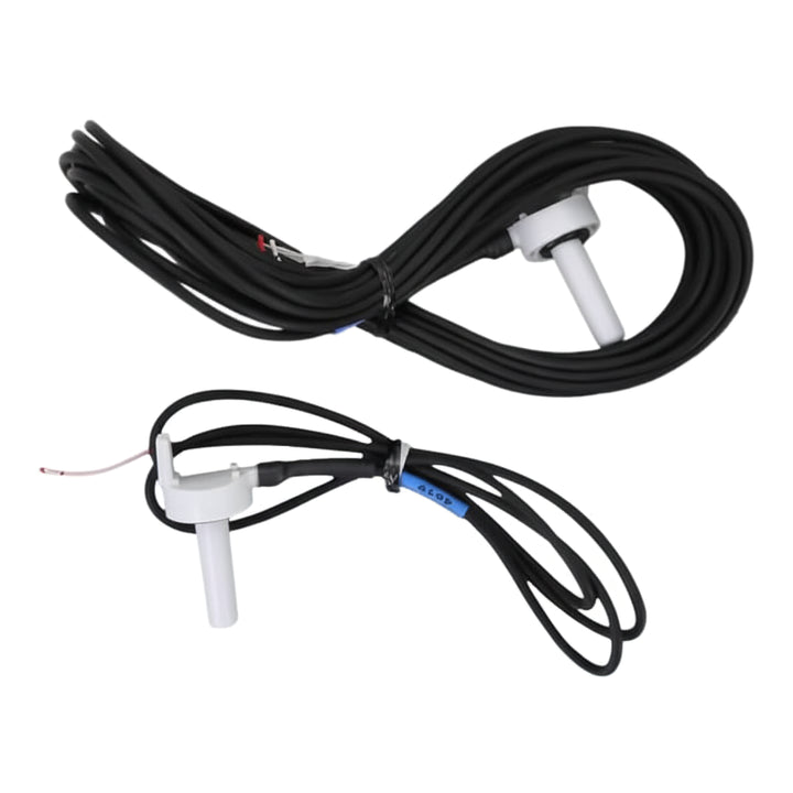 Two coiled black cables each attached to a white cylindrical sensor with a small connector and exposed wire tips