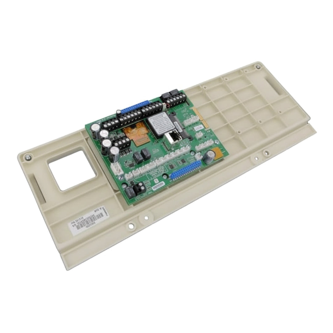 rectangular beige plastic panel with a green circuit board mounted featuring various electronic components and connectors