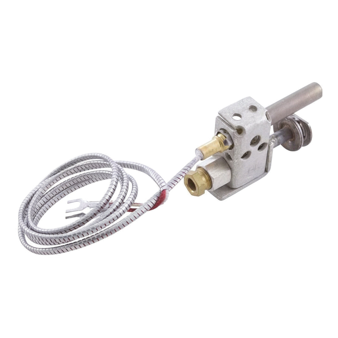 metal pilot assembly with a coiled protective wire sheath and brass fittings on a white background