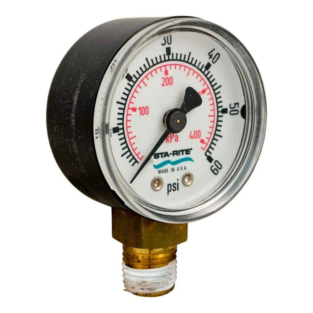 Pentair pressure gauge with black case, white 0-60 psi dial, Sta-Rite logo, and brass threaded fitting