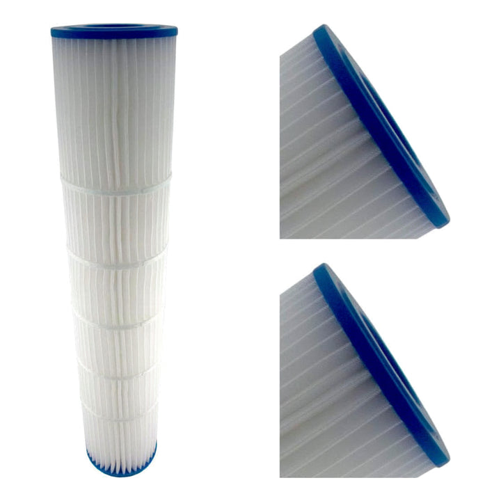 Tall cylindrical white pleated filter cartridge with blue plastic rims on both ends shown from three angles