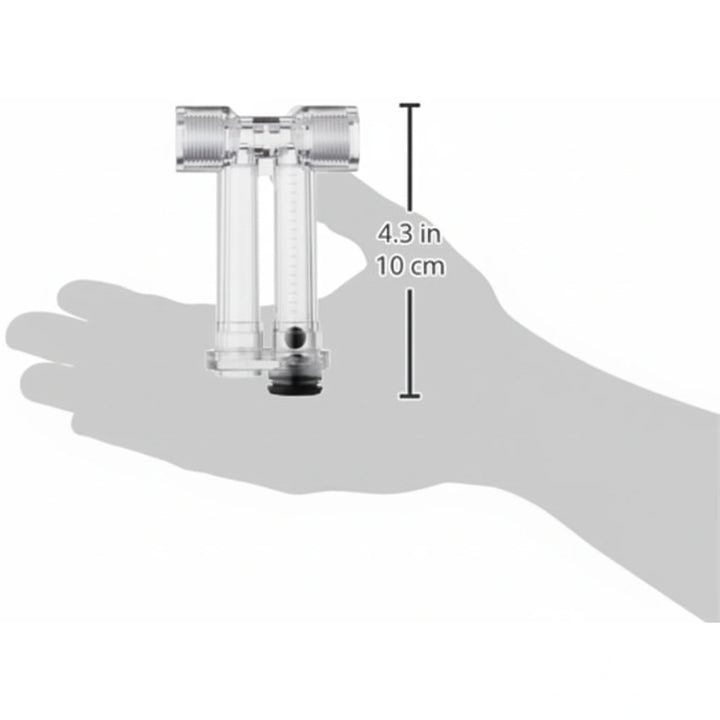 transparent T-shaped flow indicating device held in a hand silhouette with measurement scale showing 4.3 inches or 10 cm