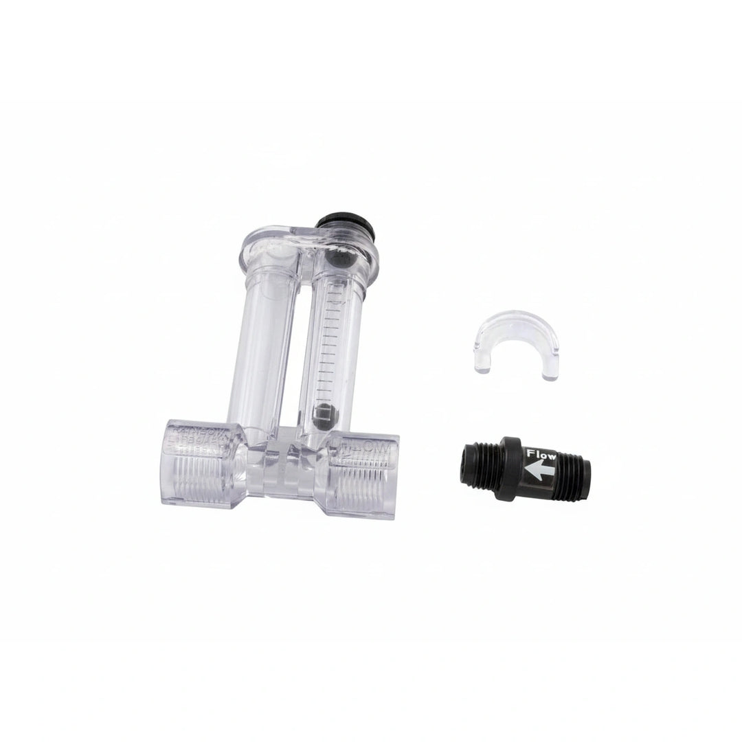 transparent plastic flow indicating device with two cylindrical chambers and a black flow direction indicator valve next to it