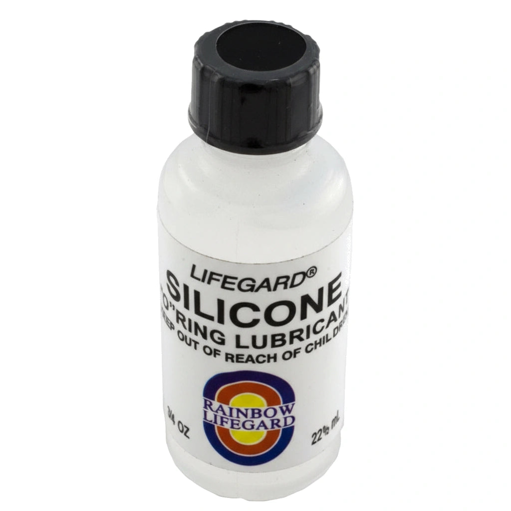 Small white plastic bottle with black cap containing silicone O-ring lubricant with colorful Rainbow Lifegard logo