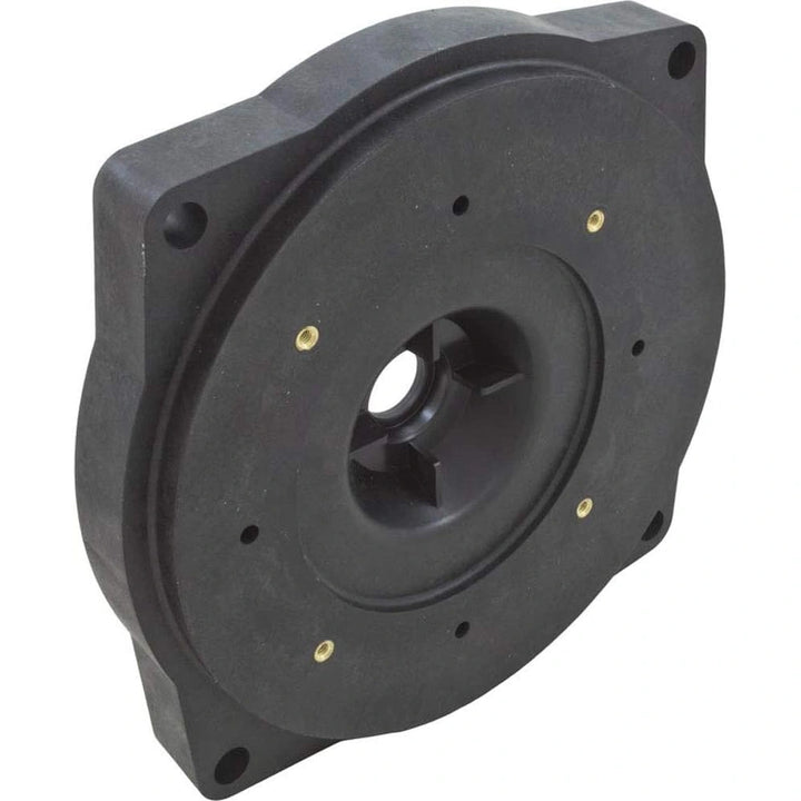 black plastic seal plate with circular design and threaded brass inserts for commercial pump replacement