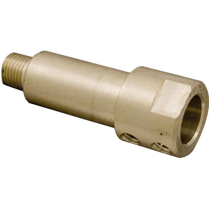 Beige metal mechanical shaft extension with threaded end and hexagonal collar section with holes