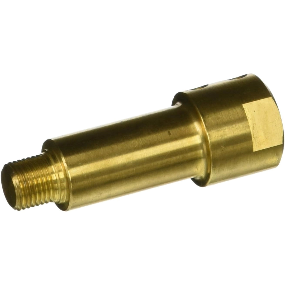 gold-colored metallic shaft extension with threaded end and hexagonal head section resting on white background