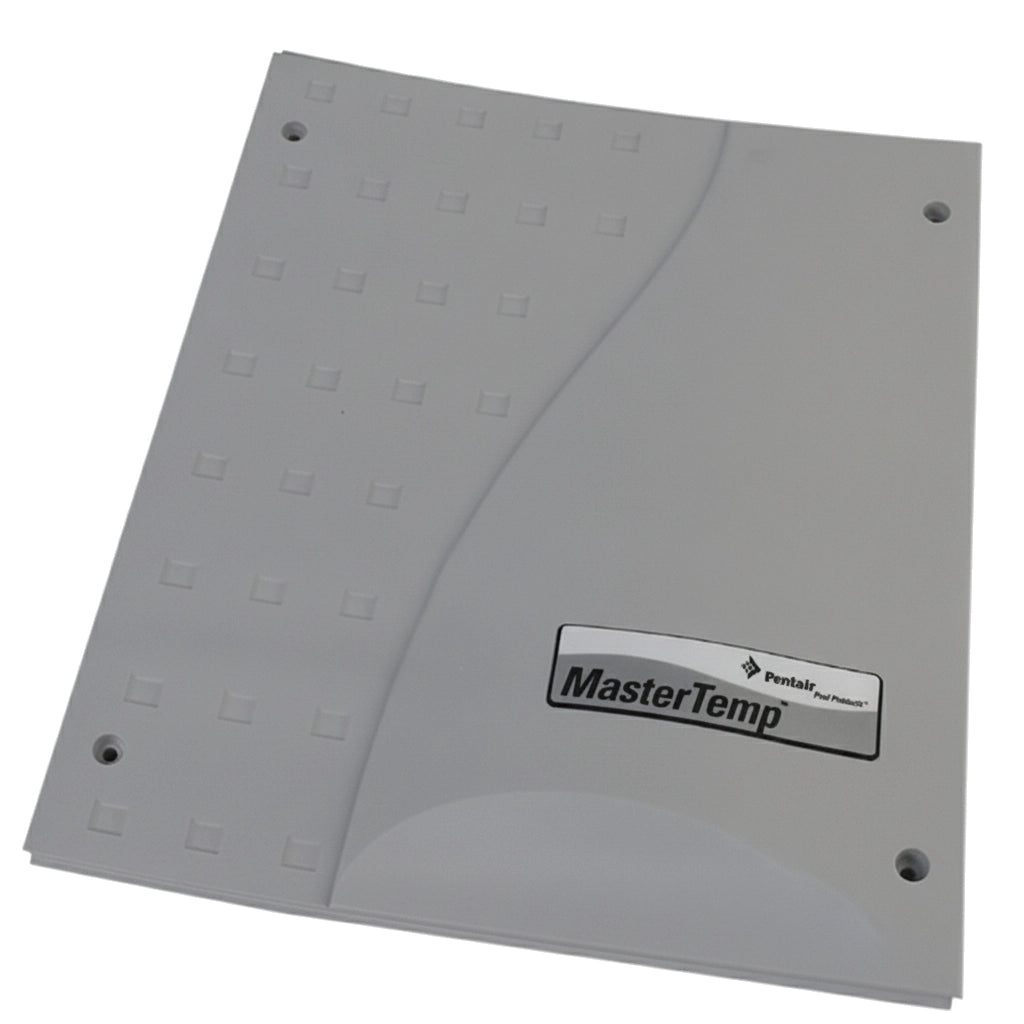 Gray plastic Pentair MasterTemp side panel with textured grip pattern and four mounting holes, logo plate lower right.