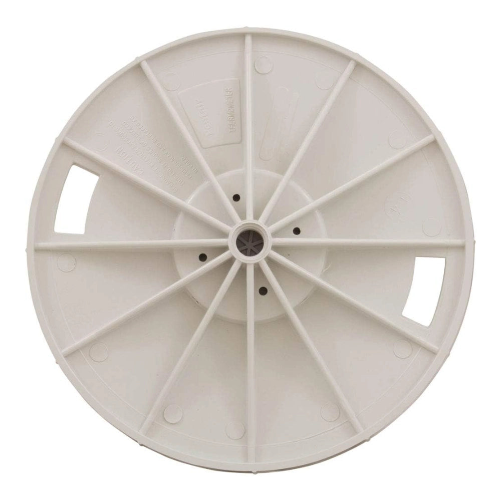 Pentair L4RW round white skimmer lid, underside view showing spoke ribs and center thermometer slot