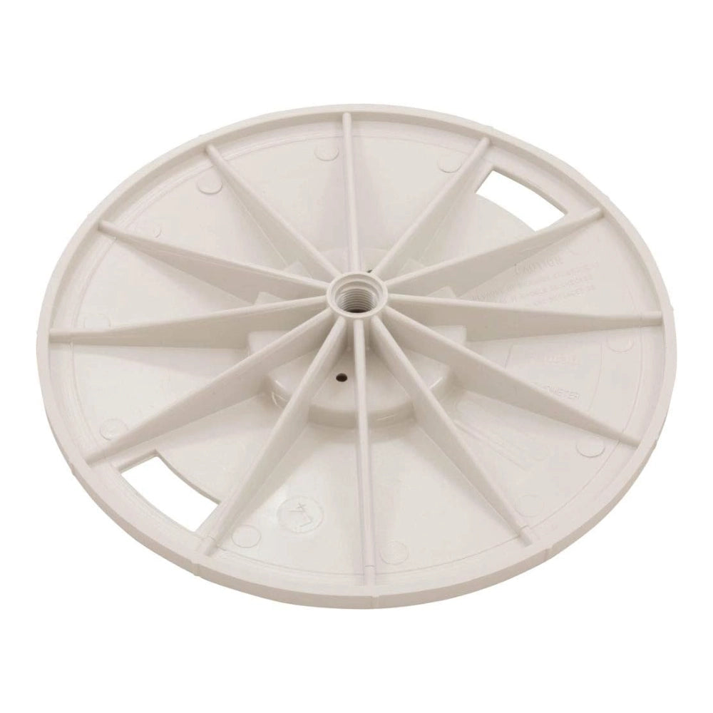 Pentair L4RW round white skimmer lid, 9-3/16 in., underside view showing spoke ribs and center threaded hole