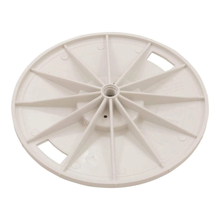 Pentair L4RW round white skimmer lid, 9-3/16 in., underside view showing spoke ribs and center threaded hole