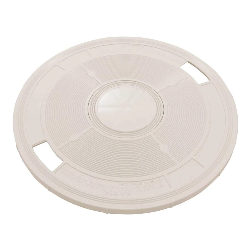 Round white Pentair L4RW skimmer lid, 9-3/16 in., with raised ribbed pattern and two slotted handle openings.