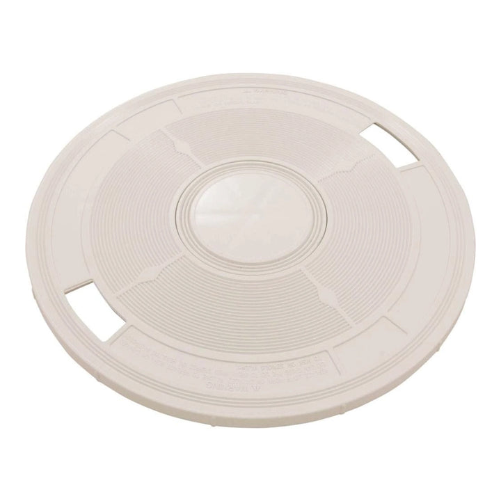 Round white Pentair L4RW skimmer lid, 9-3/16 in., with raised ribbed pattern and two slotted handle openings.