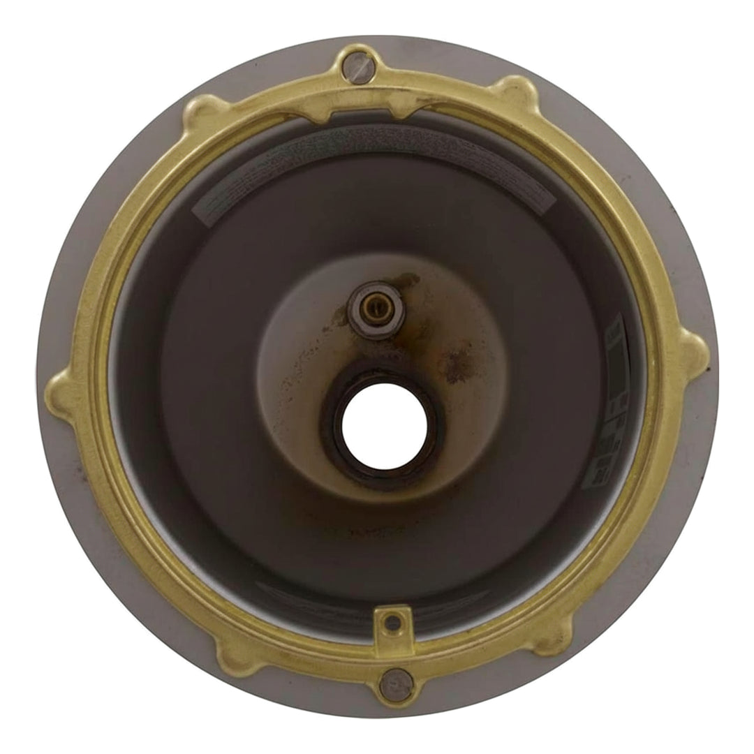round stainless steel pool niche with a brass-colored mounting ring and central hole for rear hub connection