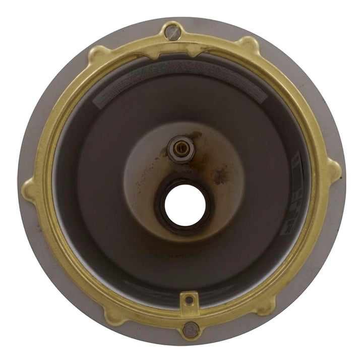 round stainless steel pool niche with a brass-colored mounting ring and central hole for rear hub connection