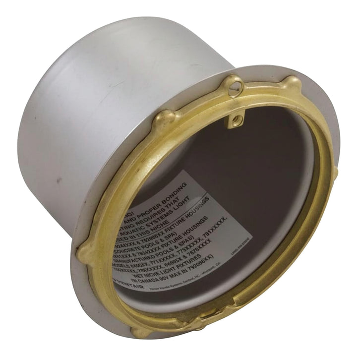 small stainless steel niche for concrete pools or spas with a brass-colored front flange and rear hub connection