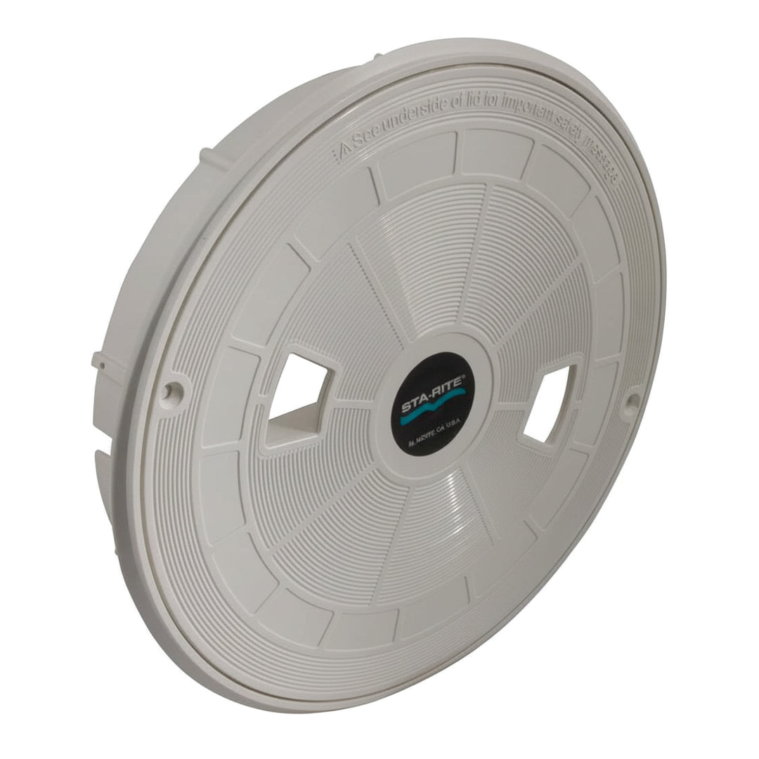 white circular lid with radial grooves and two square cutouts featuring a central black and blue logo on a plain background