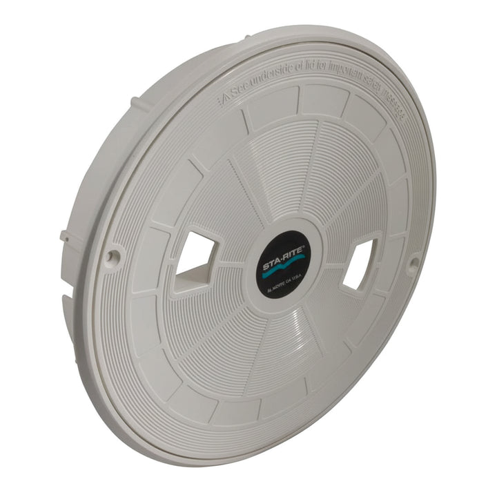 white circular lid with radial grooves and two square cutouts featuring a central black and blue logo on a plain background