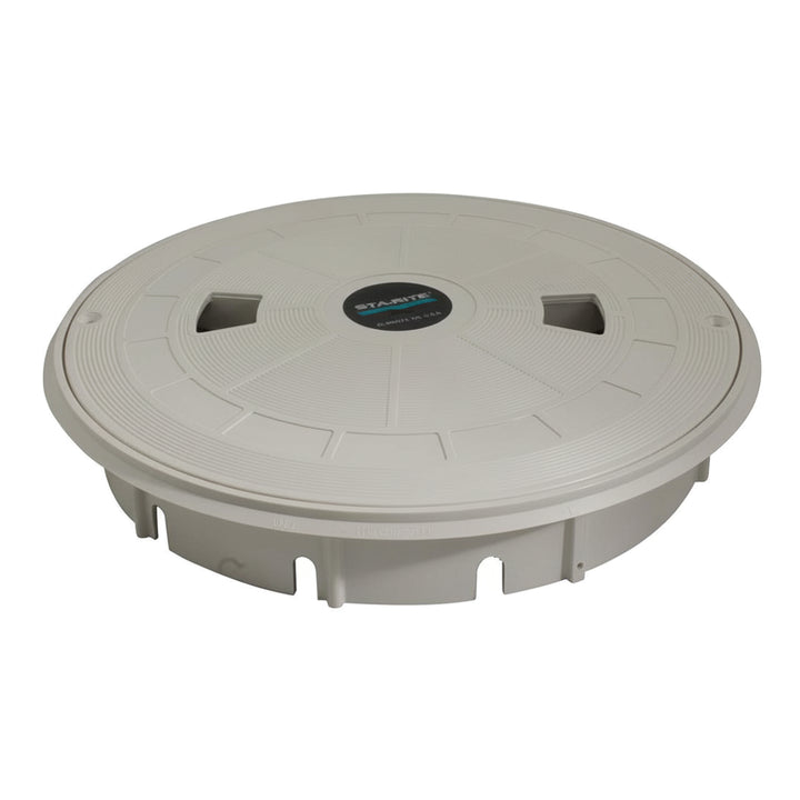 round white plastic lid and collar with circular ridges and two square openings on the top surface