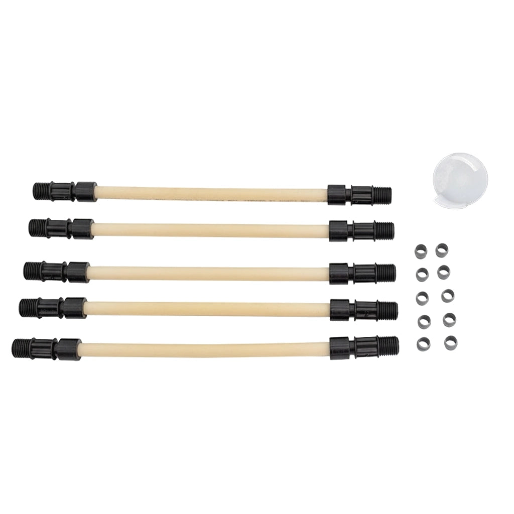 Five Pentair Stenner 10 GPD pump tubes with black fittings, plus gray grommets and a clear cap, laid out on white.