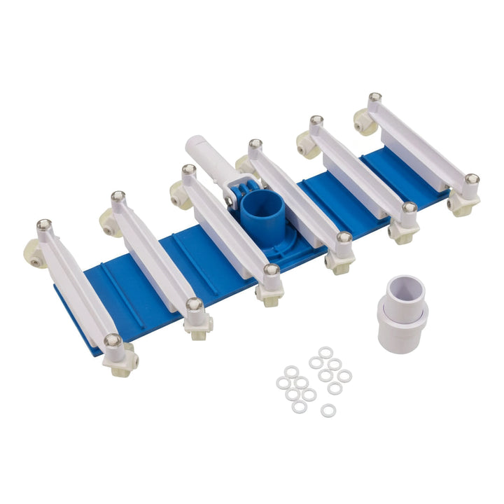 blue rectangular vacuum head with six white swivel wheels and white attachments including circular rings and a connector piece