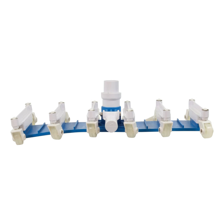 A blue and white swivel wheel attachment with multiple small white wheels arranged on a horizontal base with a central connector