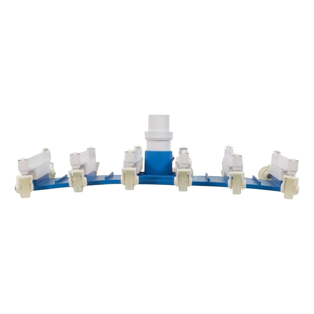 blue curved vacuum head with multiple white swivel wheels and a central white connector for attaching to a vacuum