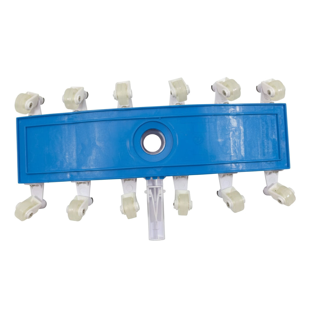 Rectangular blue plastic base with ten white swivel wheels attached, designed for a commercial vacuum