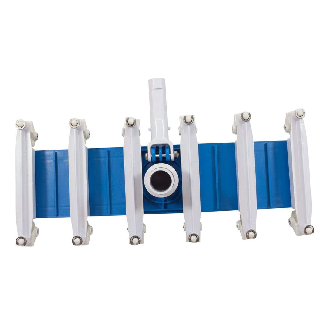 white swivel wheel assembly with six wheels attached to a blue base piece with central white connector