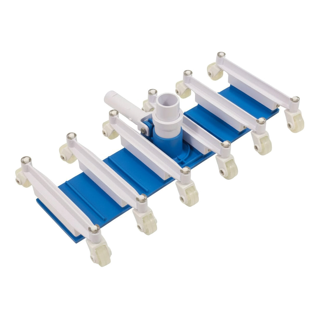 blue rectangular vacuum head with white swivel wheel mounts and nine white plastic caster wheels attached