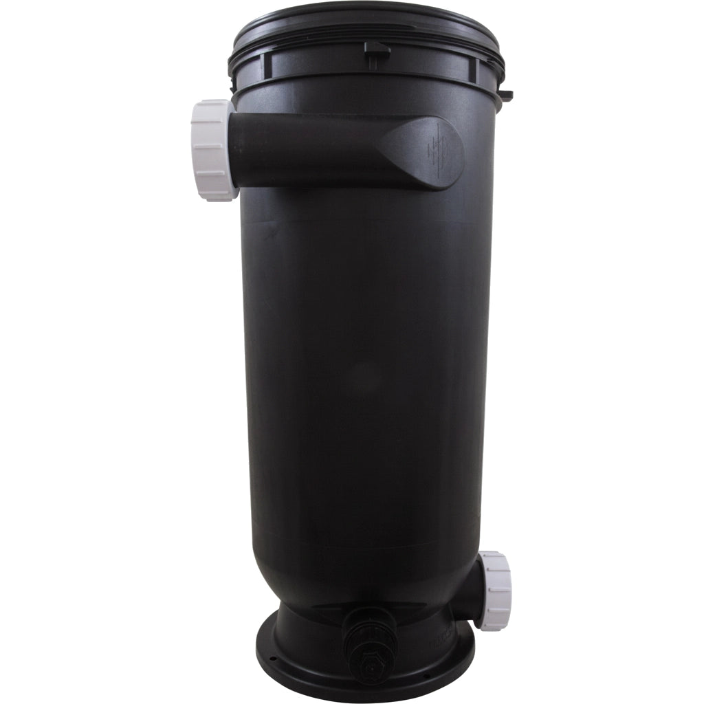 Pentair tank bottom 178743Z, black cylindrical filter housing with side port and white threaded union fittings