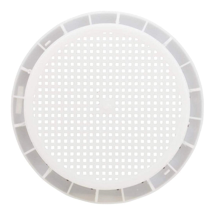 Top-down view of a white Pentair tapered skimmer basket with square mesh holes for the Admiral S-20 skimmer.
