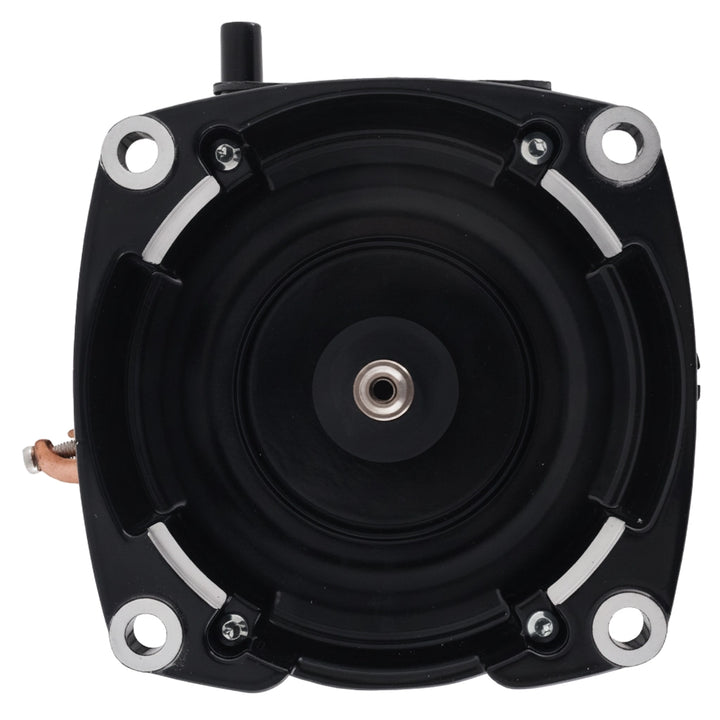 Rear view of Pentair 353135S TEFC motor, black housing with four mounting holes and center shaft bore.