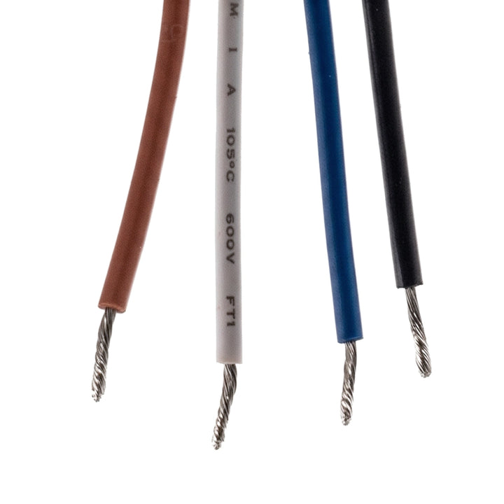 Close-up of four stripped wire leads (brown, white, blue, black) from the Pentair transformer, 521335Z, with twisted ends.