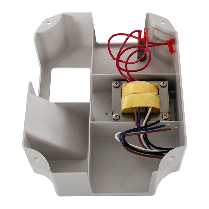 Pentair 521335Z transformer with mounting plate, yellow coil and red, black, white, brown wires in gray enclosure.