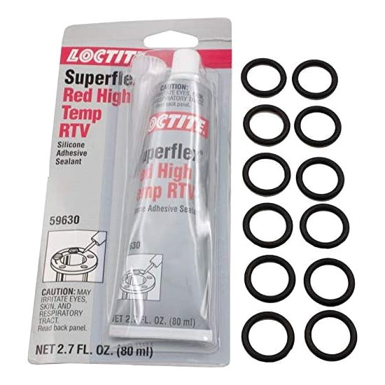 tube of red high temperature silicone adhesive sealant in plastic packaging with ten black rubber O-rings arranged beside it