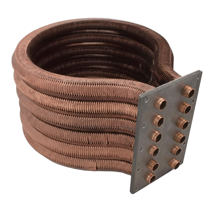 Coiled copper tube assembly with a rectangular metal mounting plate featuring multiple copper connectors for pool and spa heater