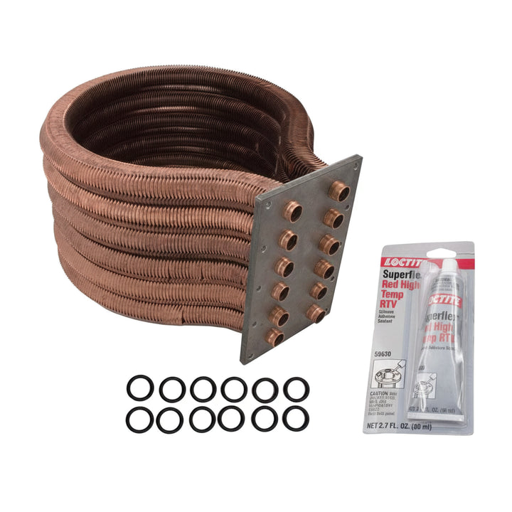 coiled copper tube sheet coil assembly with attached metal plate alongside set of black rubber O-rings and tube of high temperature RTV silicone sealant