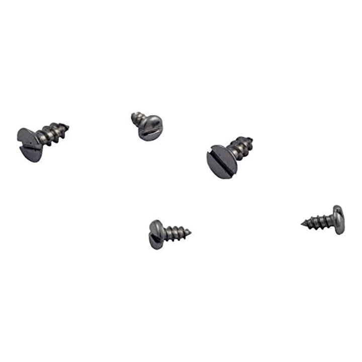 Five small silver screws with rounded heads and slotted drives arranged on a white background