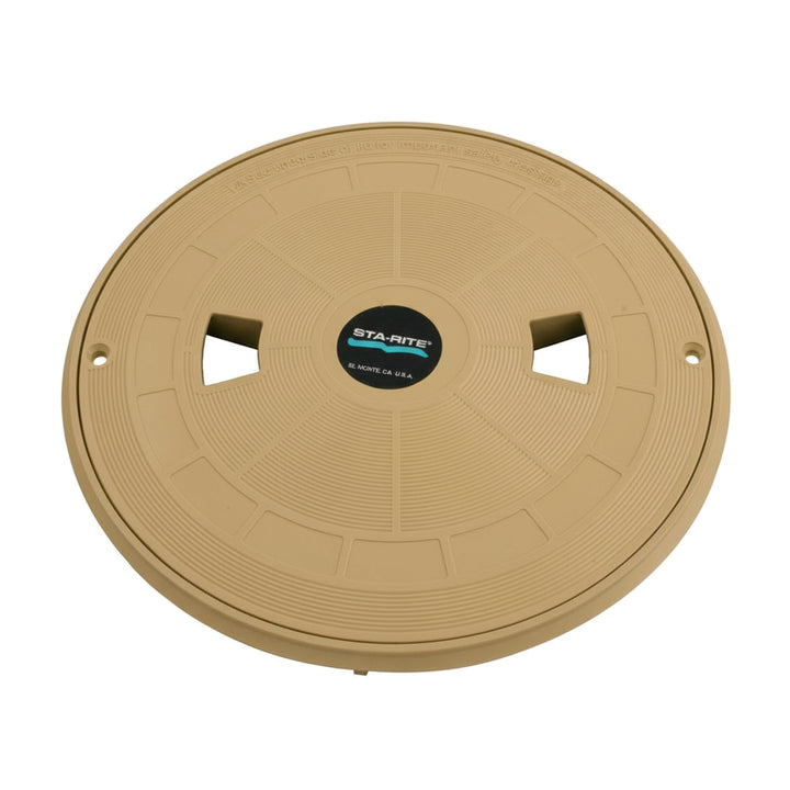 tan circular Pentair U-3 skimmer lid and collar with ridged pattern and black center label with blue and white text